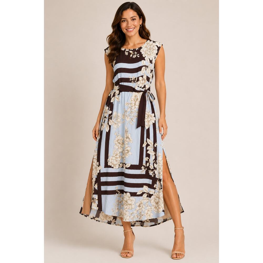 CARTOLINA NANTUCKET Sabine Dress Maxi Cap Sleeve Size L Blue Brown Floral Tie